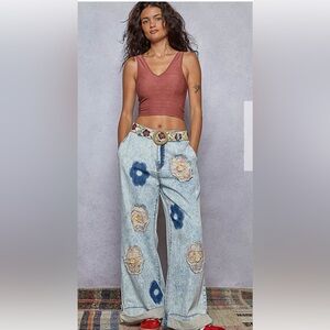 POL Light Blue Floral Patch Wide Leg Jeans